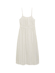 TOM TAILOR DENIM STRAP MIDI LINEN DRESS white olive vertical stripe